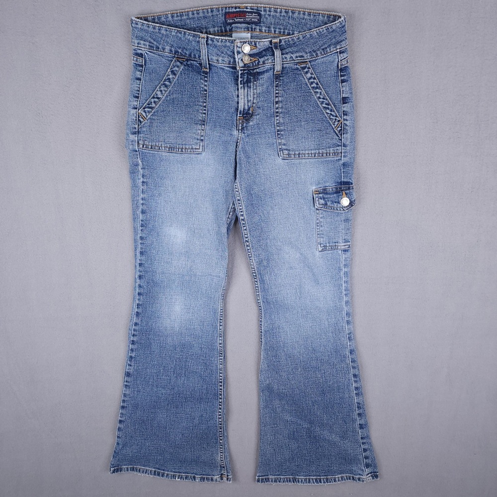 Aeropostale Flare Jeans Womens 5/6 S Blue Y2K Cargo Wide Leg Utility Denim